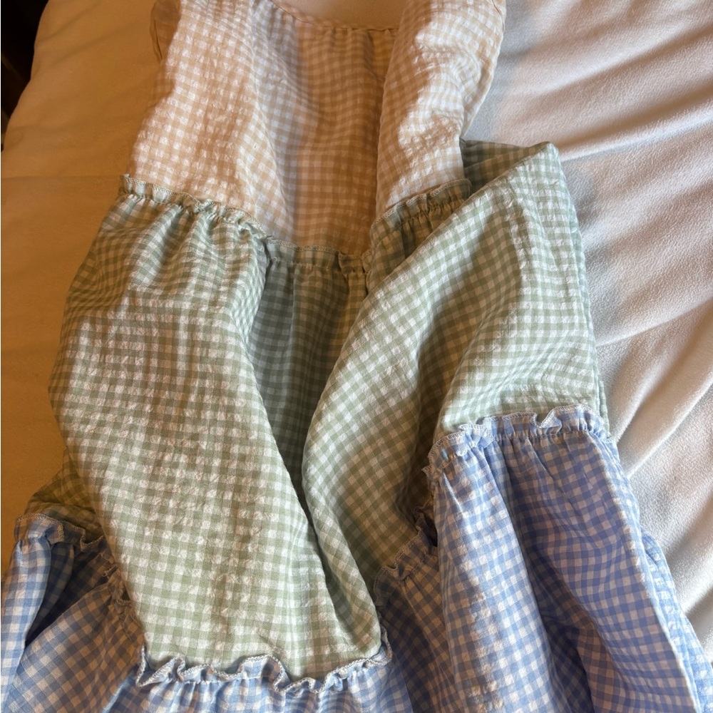 Gingham Checkered Dress in Blue, Green, and White